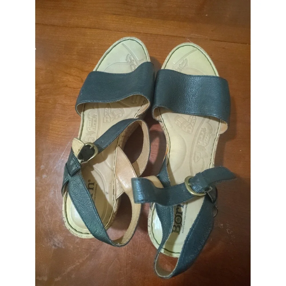 Born Womens Black Leather Cork Wedge Sandals Ankle Strap Buckle‎ Shoes Size 9